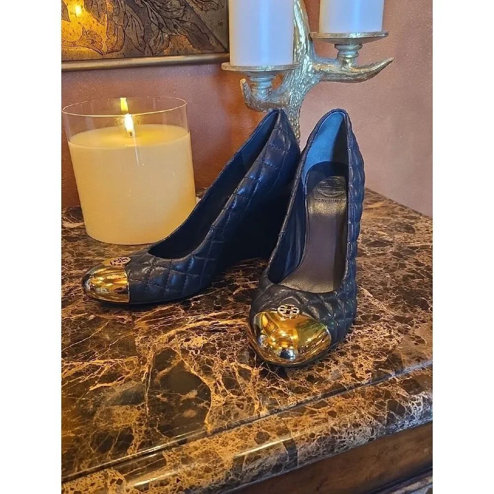 Tory Burch Quilted Navy Wedge Pumps with Gold Toe Cap Size 9.5